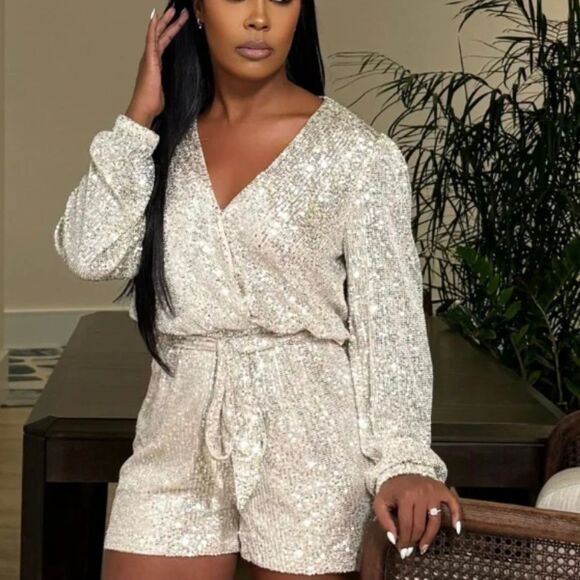 BRAND NEW BLUEBELLE SILVER SEQUIN JUMPSUIT with WRAP V-NECK - Picture 1 of 15